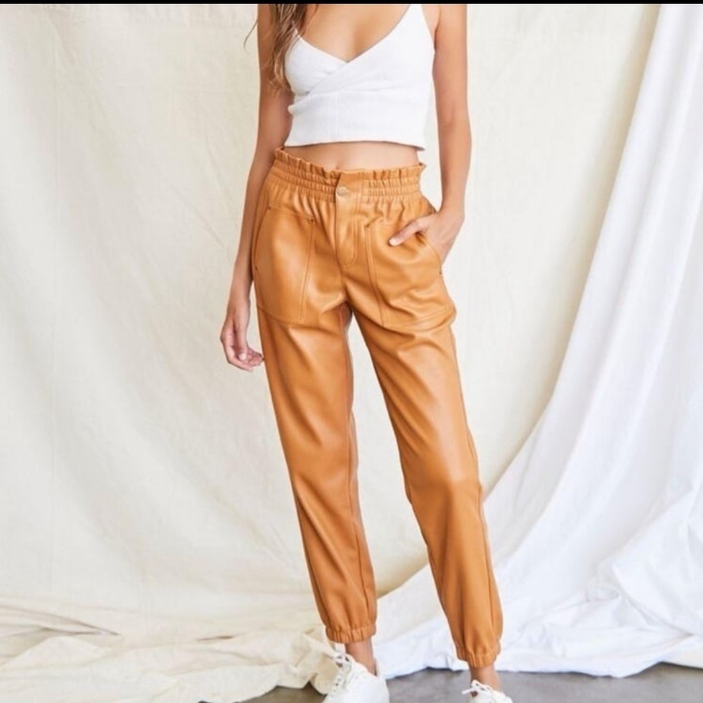 Forever 21 Faux Leather Camel Jogger Pants